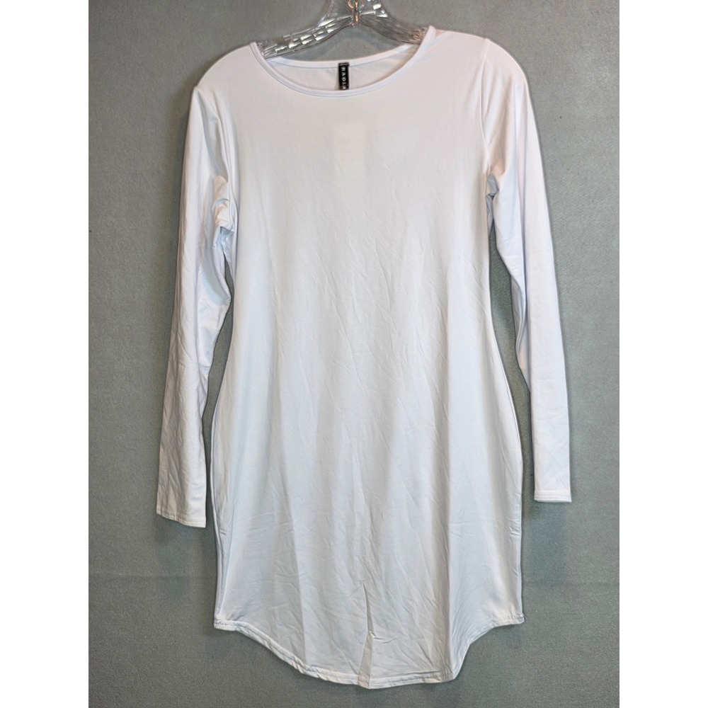 Haola Womens White Long Sleeve Ribbed Crew Neck Mini Bodycon Dress Large NWT